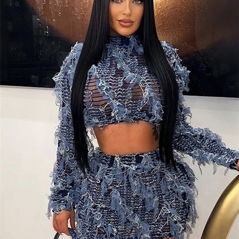 Weird Puss See Through Patchwork Women 2 Piece Set Elastic Tassel Thin Crop TopsSkinny Skirts Matching Midnight Party Clubwear 240822