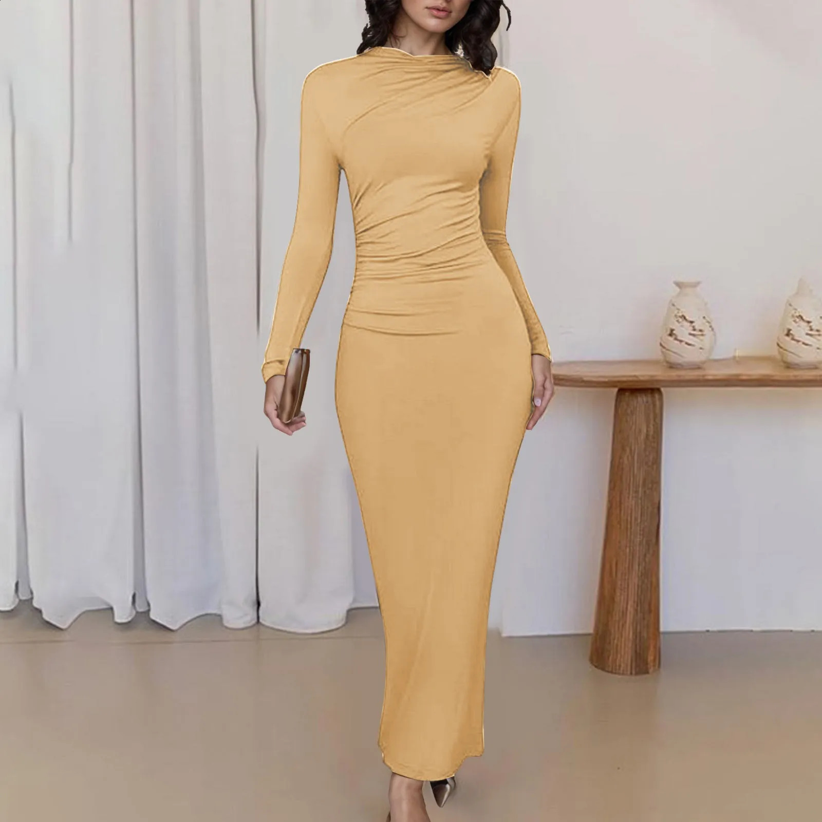Womens Fall Long Sleeve Maxi Dresses Sexy Ruched Crew Neck Slim Fit Evening Party Dresses Womens Sexy Bodycon Formal Dresses 240823