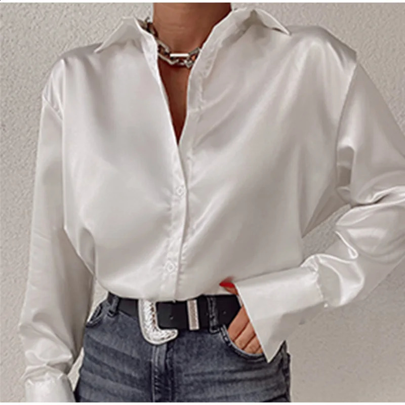 Elegant retro silk shirt office womens long sleeved blue satin autumn green casual loose top 22717 w240824