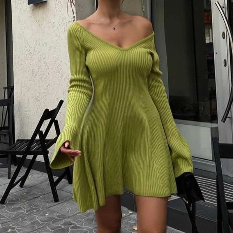 Women Sexy V Neck Long Sleeve A Line Casual Swing Rib Knitted Mini Sweater Dress 240823
