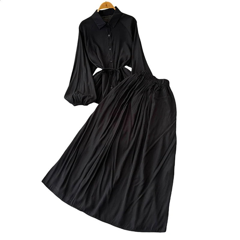 EWQ Casual Solid Color 2 Piece Sets For Women Lapel Collar Belt Gathered Waist Top Loose Long Simplicity Skirt 27X181 240823