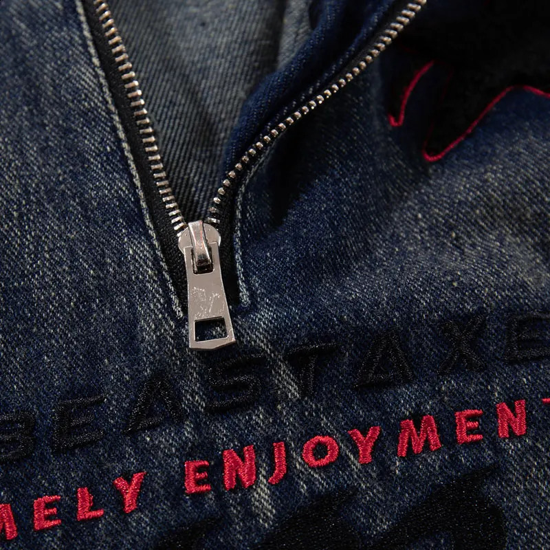 Vintage Denim Hoodie Jacket Y2K Embroidered Half Zip Up Oversized Hooded Jean Sweatshirt Coat Streetwear Hip Hop Baggy Pullover 240822