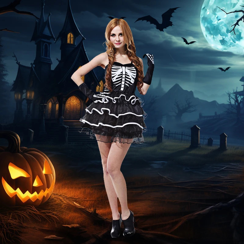 Halloween skeleton dress with gloves suitable for girls carnival party roleplaying costumes 240823