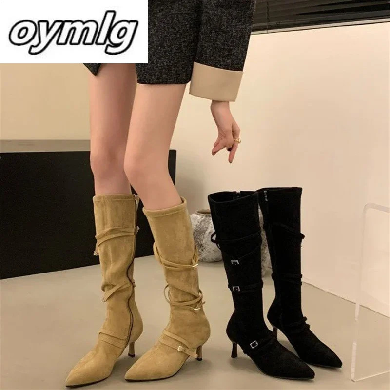 2024 Winter Retro Fold Belt Stacked Boots with Cornered Mid Barrel Inner High Western Cowboy Boots 240823