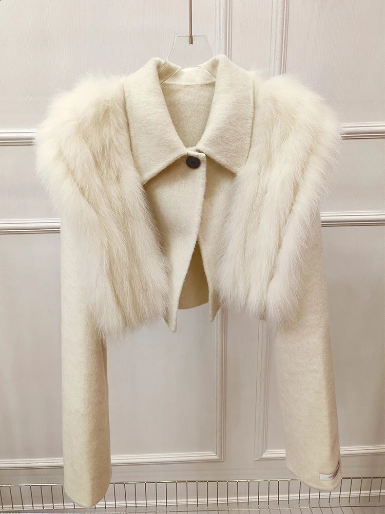 Women Autumn Handmade Double Side Short Woolen Jacket Real Fox Fur Warm Female Spring White Fashion Woolen Coat 240822