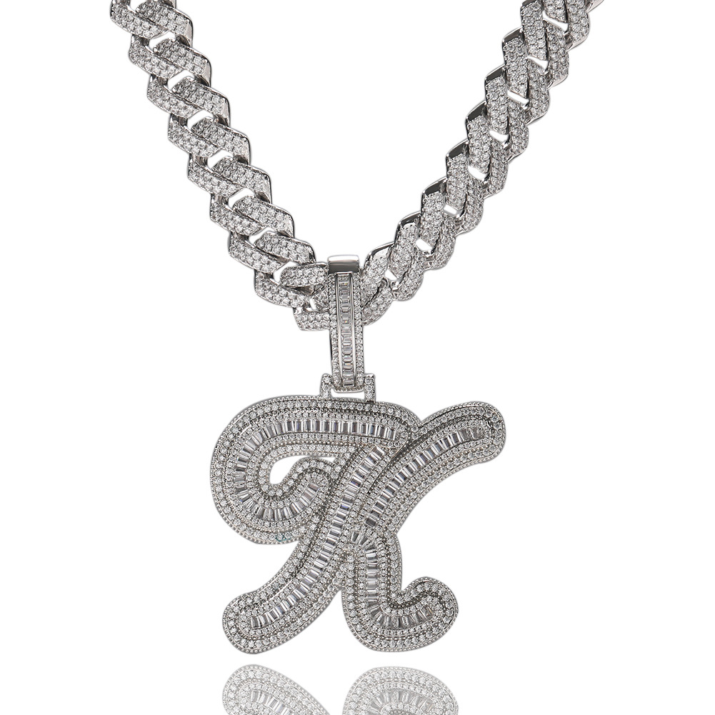 Hip Hop Custom A-Z Cursive Letters Pendant Necklace 5A T Zircon 18k Real Gold Plated Mens Jewelry