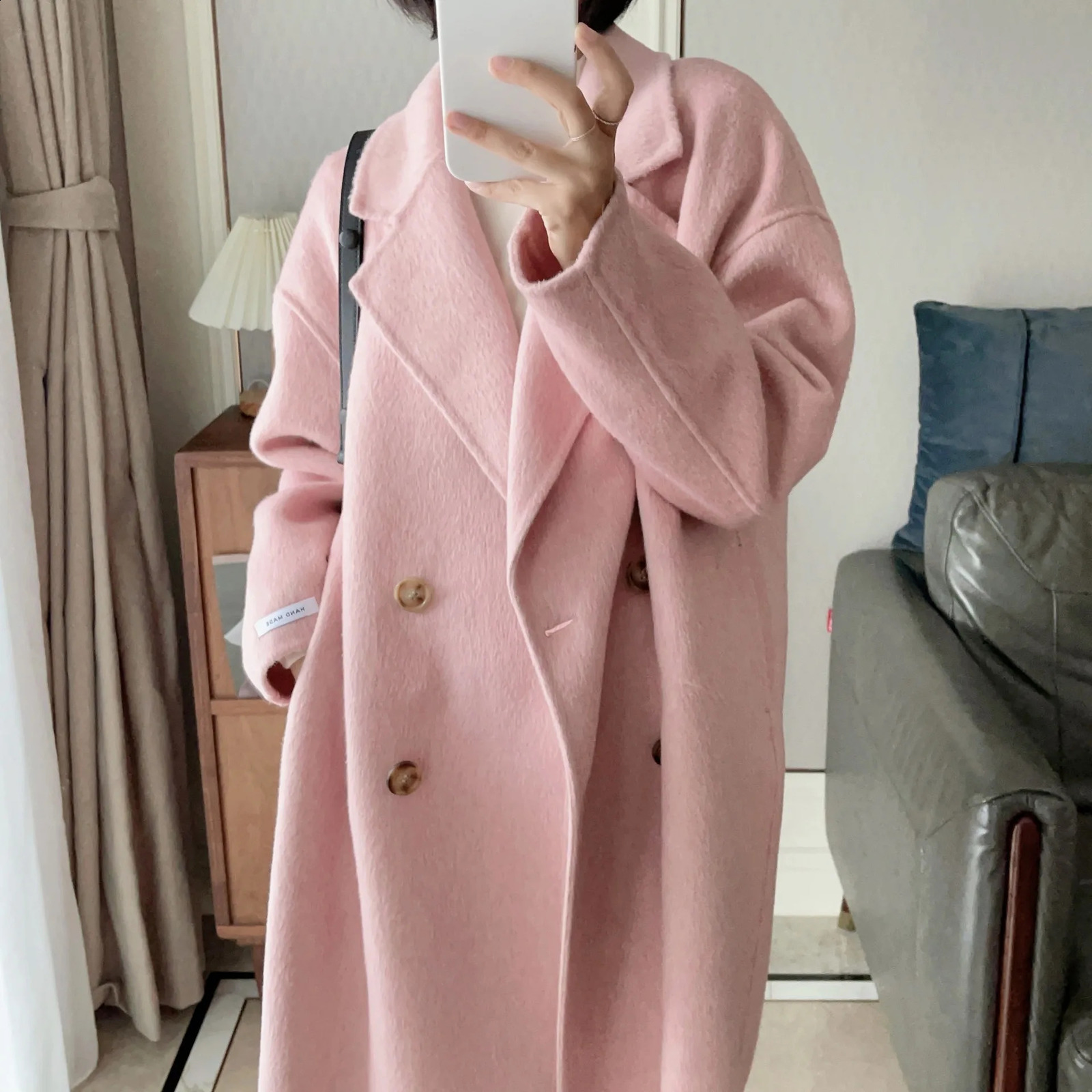 Autumn Women Drouble Breasted Woolen Coat Loose Style Cashmere Winter Clothes Long Coats Tops 240822