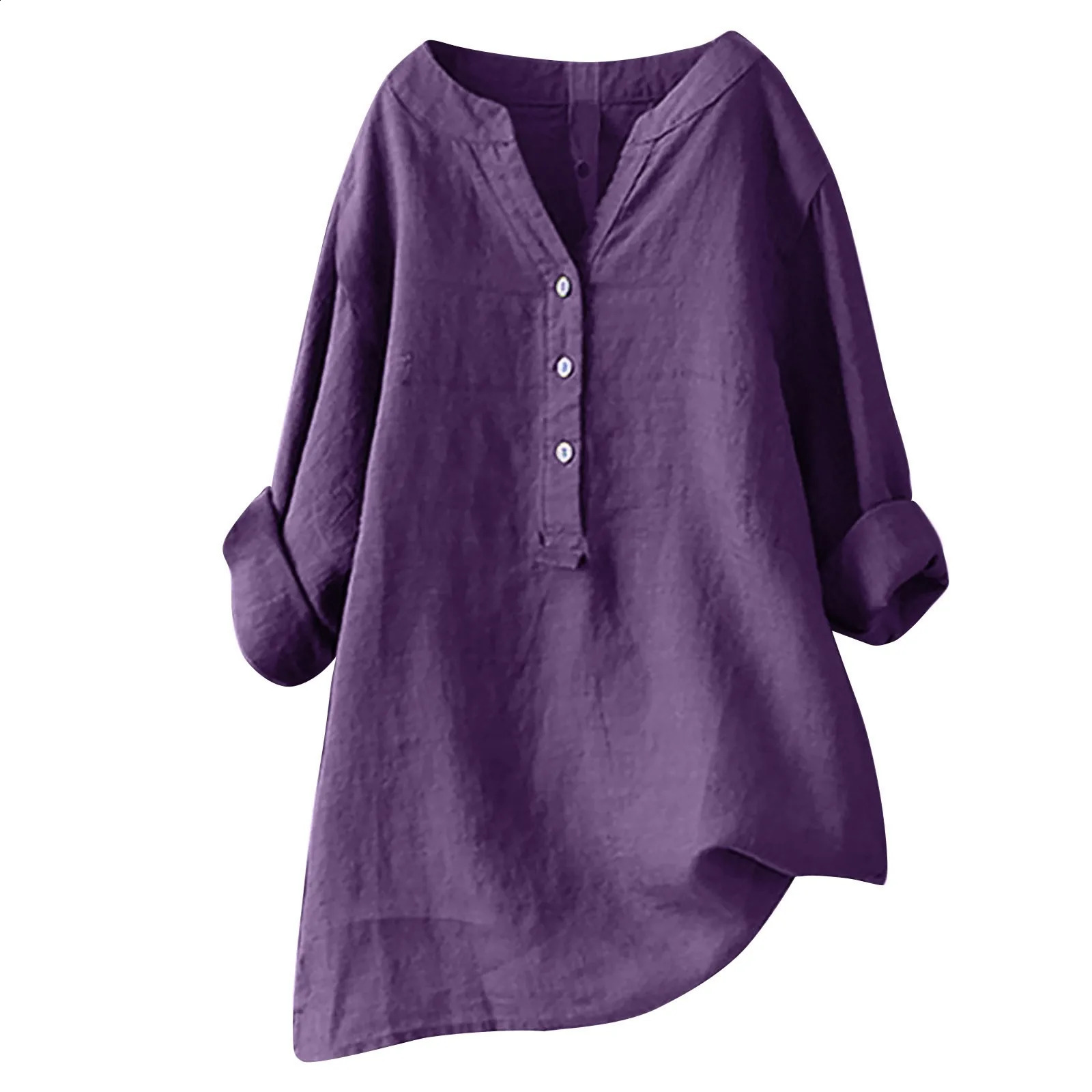 Autumn cotton linen loose shirt button down top vertical solid long sleeved casual womens 240822