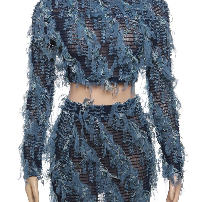 Weird Puss See Through Patchwork Women 2 Piece Set Elastic Tassel Thin Crop TopsSkinny Skirts Matching Midnight Party Clubwear 240822