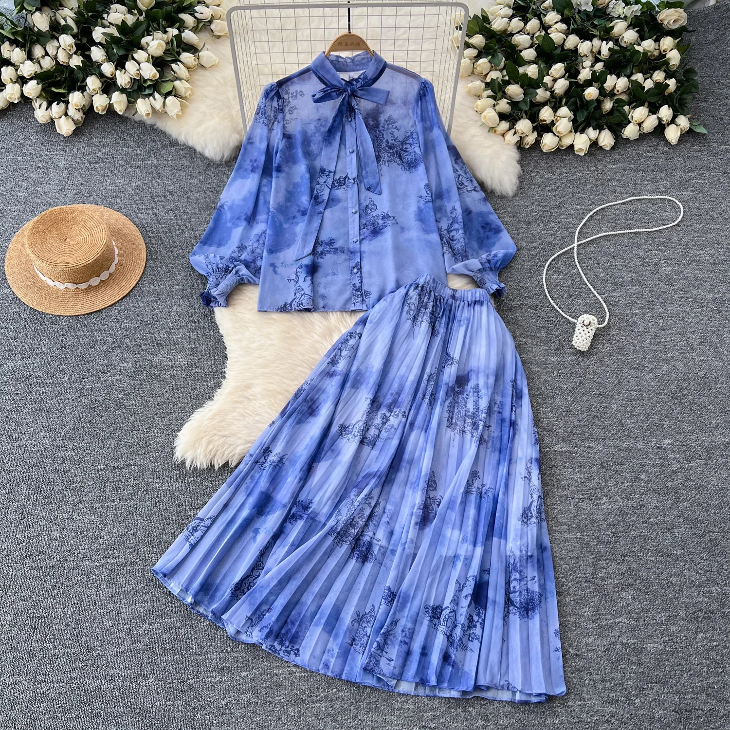 Women Chic Print Sweet Two Pieces Sets Bow Lantern Long Sleeve Top High Waitst Wide Skirt Fashion Summer Sets 240823