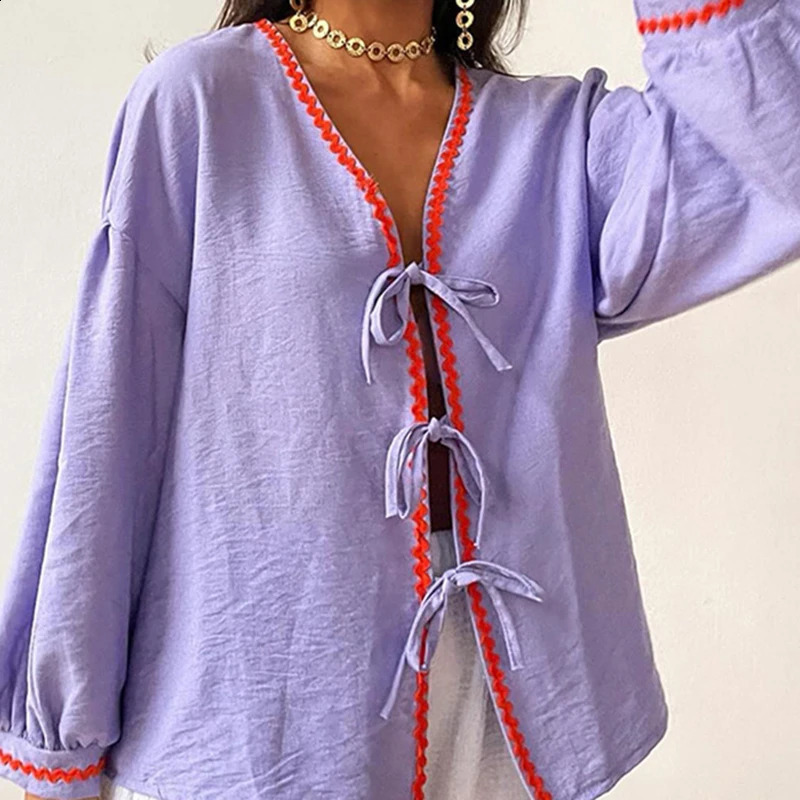 Autumn Fashion Lantern Long Sleeve Shirt Elegant Womens Vneck Lace Bow Top Spring Comparison Printed Loose Street 240822