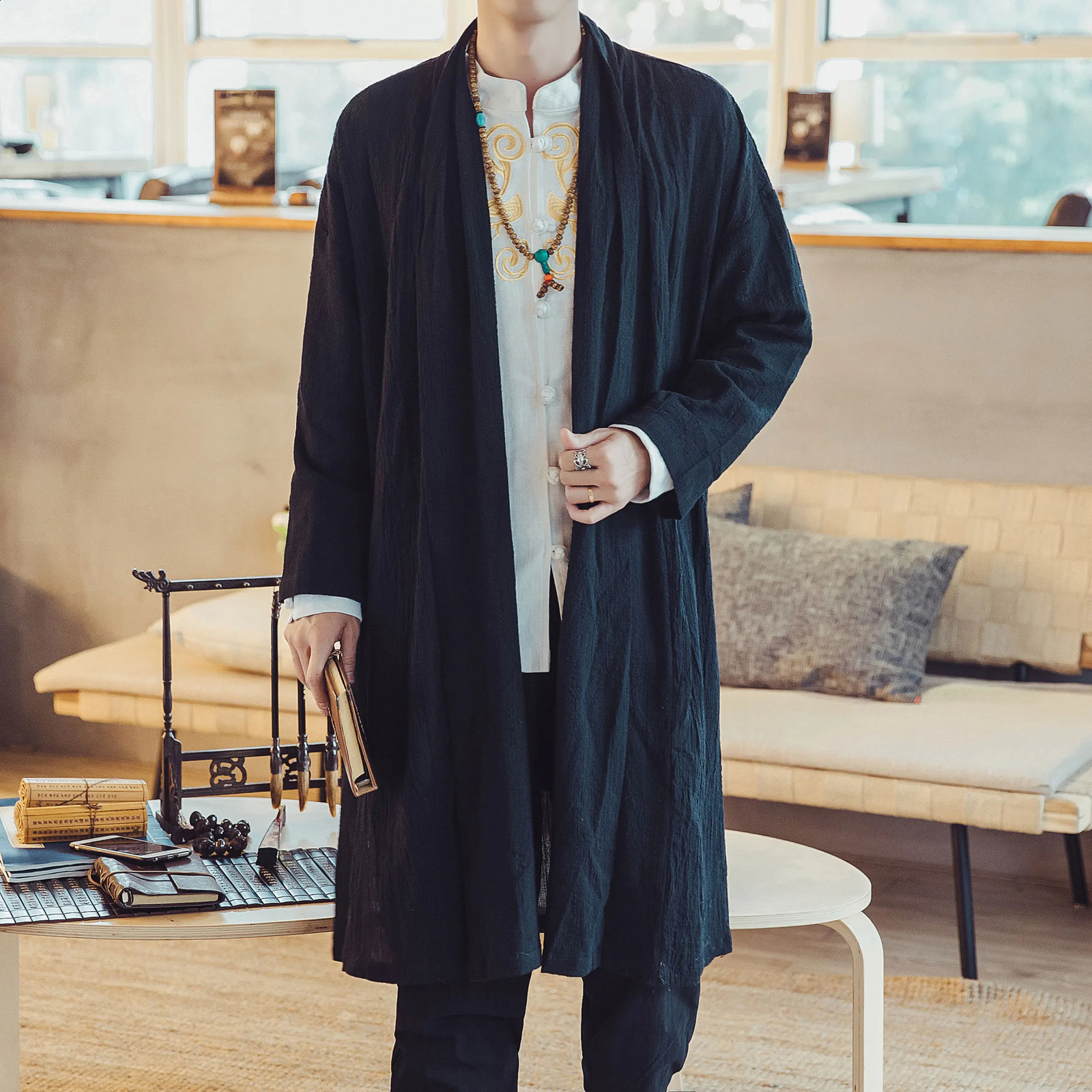 M-5XL Vintage Men loose casual Coat Plus size Chinese Style Long Cardigan Streetwear Windbreak Jackets Outwear jacket 240822
