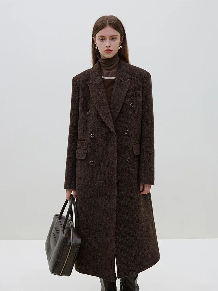 FSLE 98.7% Wool Notched Collar Front Shoulder Temperament Coffee Color Women Woolen Jackets Double Breasted Long Wool Coats 240822