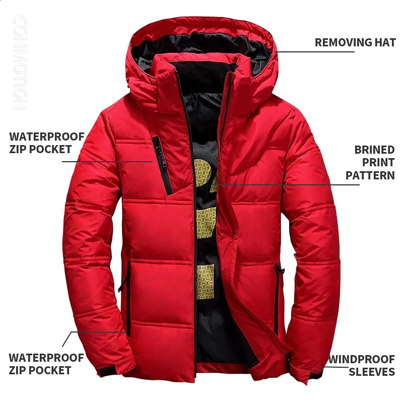 White duck down jacket mens winter coat windproof detachable hat Parkas solid color outdoor casual hooded 240822