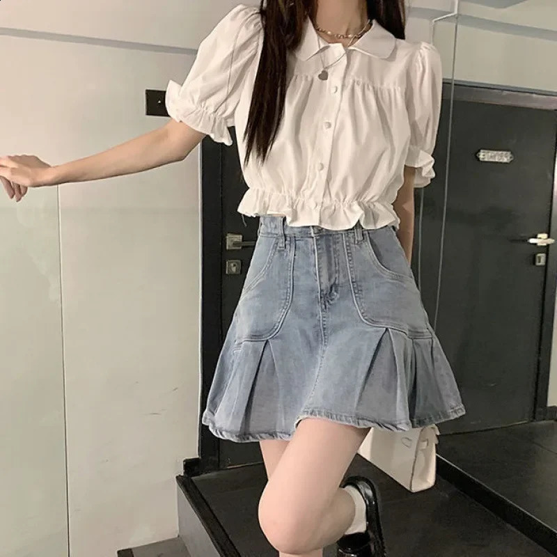Summer Korean Style Preppy Sweetpuff Sleeveless Top High-waisted Denim Skirt 2-piece Set For Women 240823