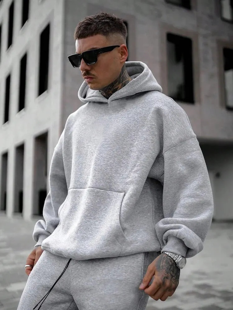 Mens casual fashion trend retro solid color long sleeved hoodie 240822
