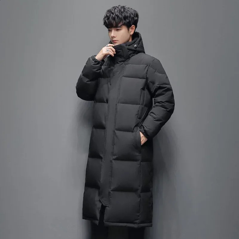 Mens winter long duck jacket hooded casual highquality mens outdoor windproof and warm clothing 240822
