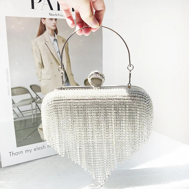 Fashion rhinestone wedding handbag womens clutch bag ring diamond tassel party 240823