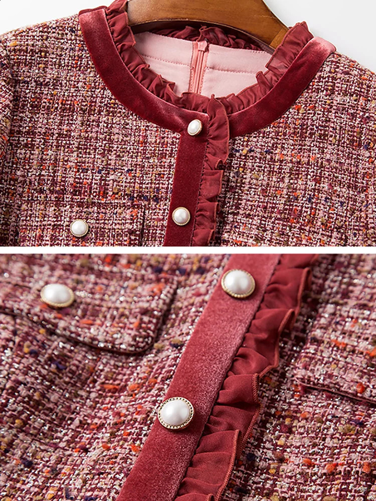 EVNISI Vintage Tweed Dress Winter Diamonds Ruffle Wine Elegant Dresses Plaid Beaded Woolen Flamingo Dress Women Autumn 240823