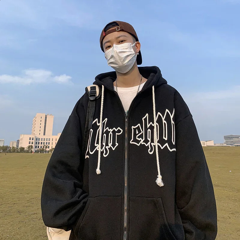 Autumn Mens Letter Foam Print Zip Up Hoodies Y2K Goth Streetwear Loose Sweatshirts Female Hip Hop Oversized Hoodie Tracksuit 240823