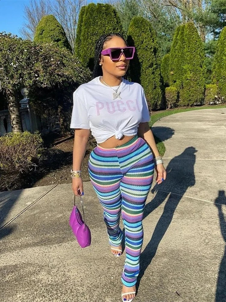 Weird Puss Colorful Striped Women Flare Pants Knitted Elastic Waist Skinny Summer Trendy Y2K Streetwear Daily Wild Bottoms 240823