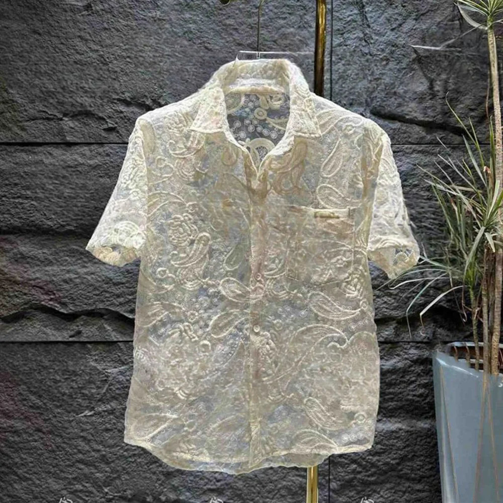 Mens Mesh Embroidery Transparent Shirt Shorts Two-Piece Suit Casual Breathable Light MenS Clothing Pants Are Not Transparent 240822