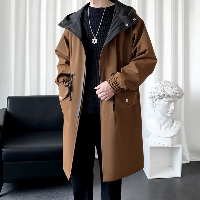 Autumn Trench Coat Men Windbreaker Hooded Jackets Harajuku Pocket Overcoat Men Clothing Outerwear Fashion Streetwear 240822