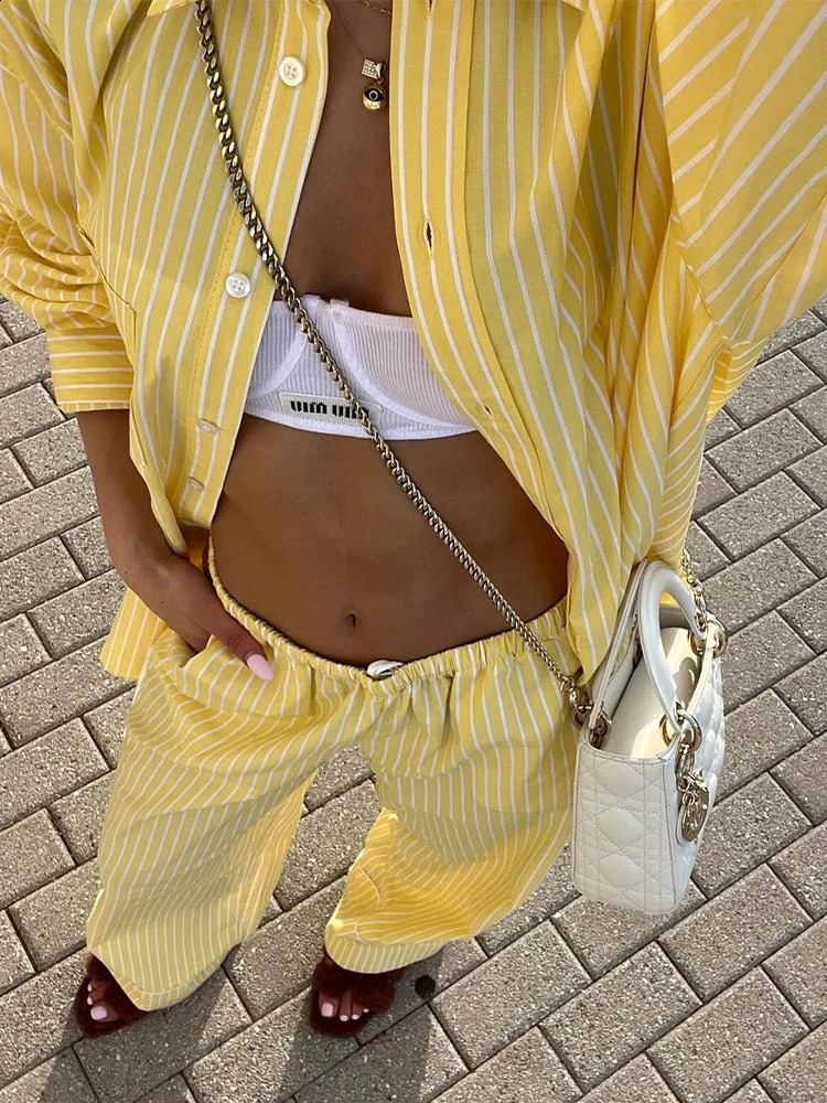 Casual striped shirt Trouser set womens single chest long sleeved loose T-shirt wide leg pants set 2024 street womens clothing 240823
