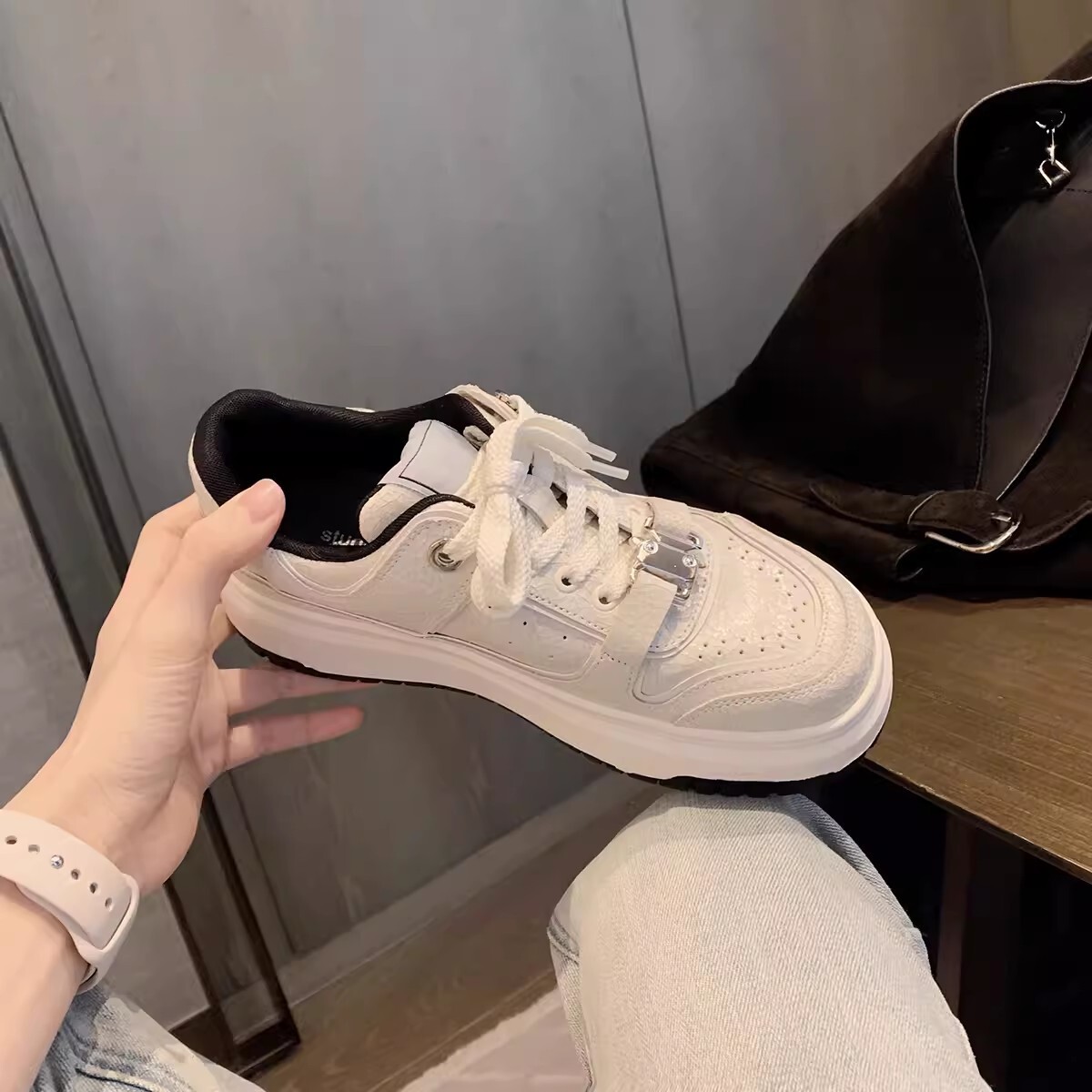 Ddmysports Cowhide Version Of Grape Mom Burst Pattern Increased Height Thick Sole White With Versatile Straps Low Top Casual Board Shoes For Women In 