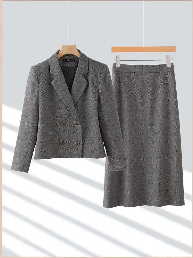 Autumn Winter Suit Womens Clothing Brown Gray Double Breasted Blazer Jacket And High Waist Long Skirt Two Pieces Sets 240823