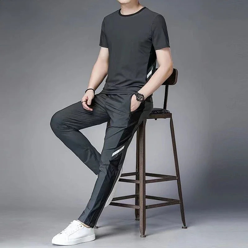 Pants Sets Gym Clothes for Men Jogging Tracksuit No Male T Shirt Smooth Top Black Sports Suits Fashion Kpop in Matching 240822