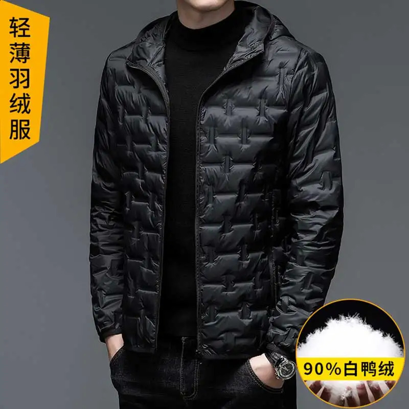 Winter mens thick plush hooded jacket windproof lightweight down casual 90% duck 240822