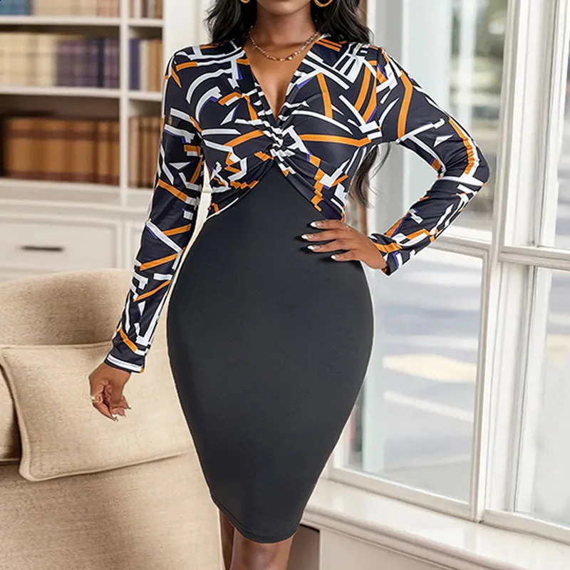 Autumn Style Twisted V-neck High Waist Slimming Bag Hip Skirt Geometric Long Sleeve Womens Dress 240823