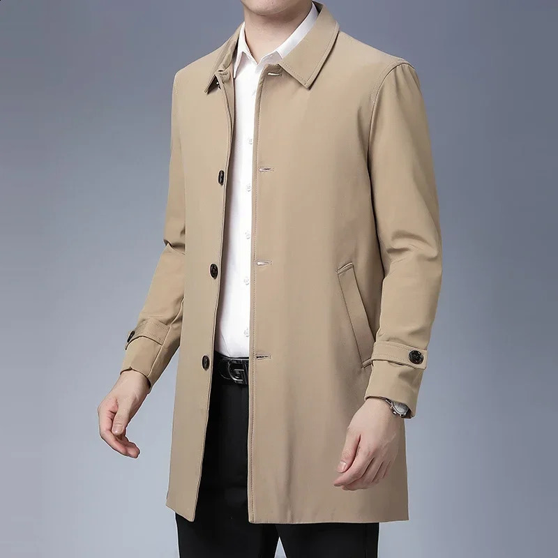 Mens Spring Jacket Arrival Mens Business Casual Black Khaki Long Jacket Top Quality Single Breasted Solid Trench Coat 240822