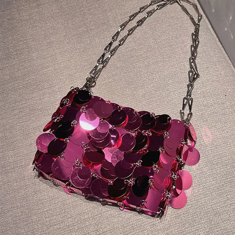 Silver Gold Sequins Chain Woven Bag Women Hollow Evening Bags Clutch Wedding Shoulder Crossbody Bag 240823