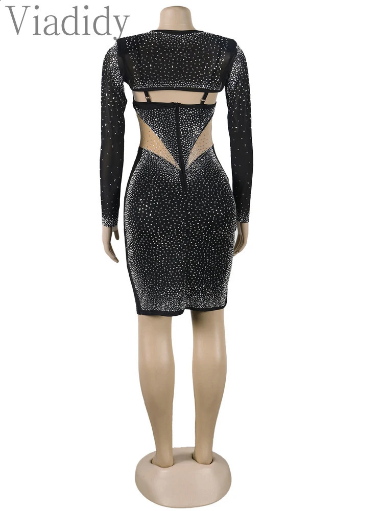 Women Sexy Mesh Rhinestone Slim Long Sleeve Party Dress 240823