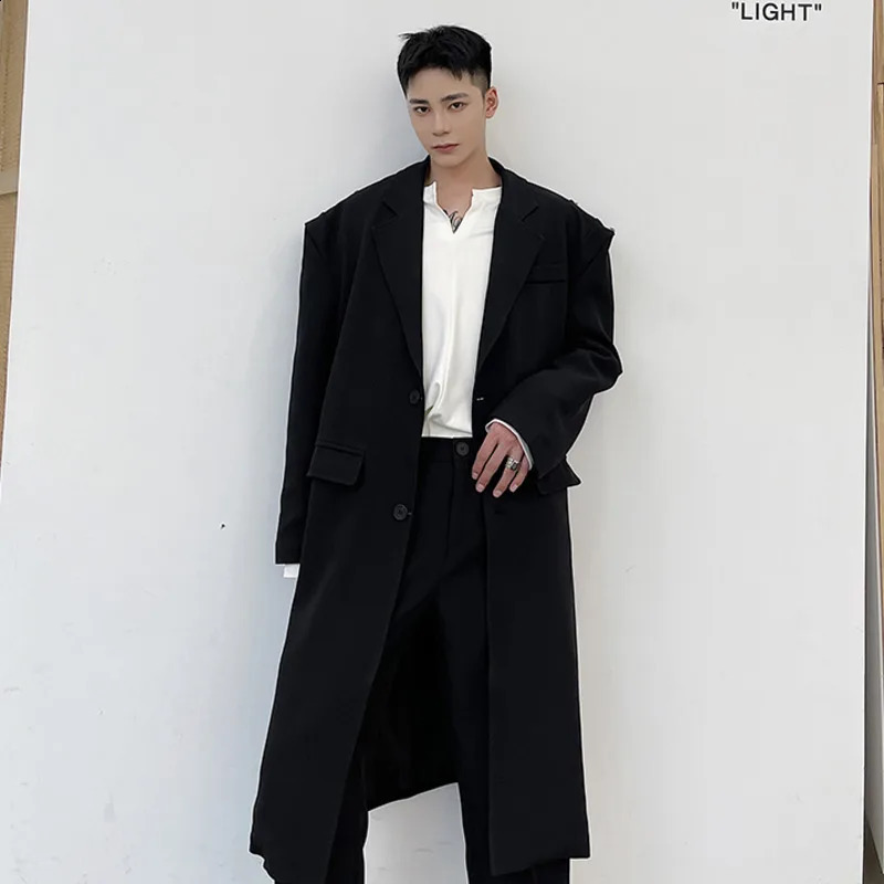 NOYMEI Simple Solid Color Long Coat Mens Shoulder Buckle n Trench Fashion Turn-down Collar Temperament WA641 240822