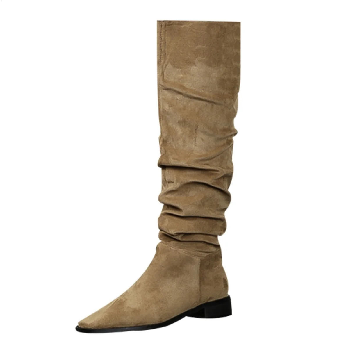 Womens Suede Wrinkled Knee High Boots with Almond Horn Toes Stacked Knight Boots for Autumn and Winter Slippery on Dress Shoes 240823