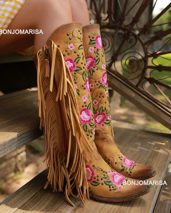 BONJOMARISA womens denim boots with embroidered floral edges sweet Western denim boots Roman block high heels autumn 240823