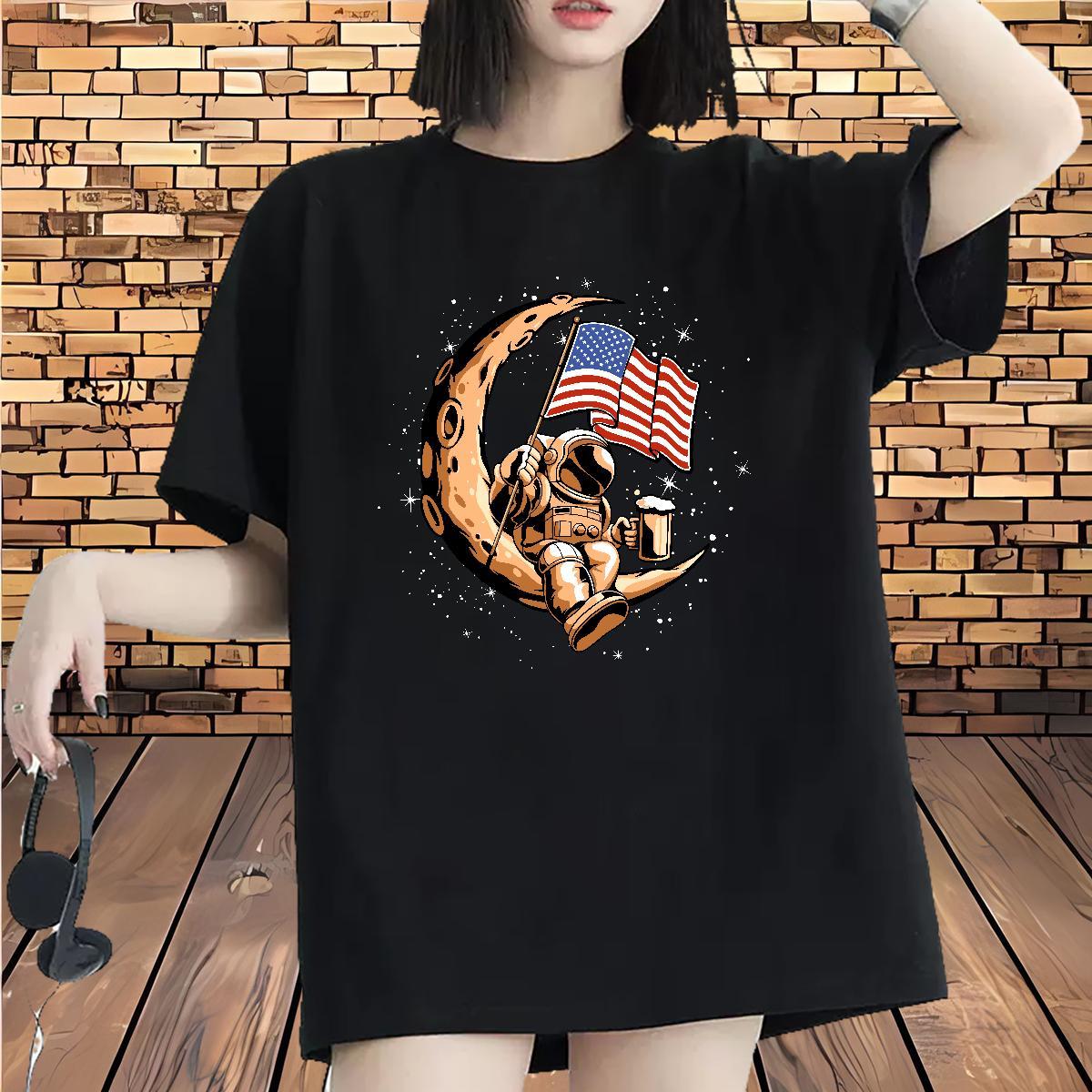 Loose Women Tees 230g Pure Cotton spaceman Daily Outfit Woman T Shirts Breathable DIY Logo Clothes