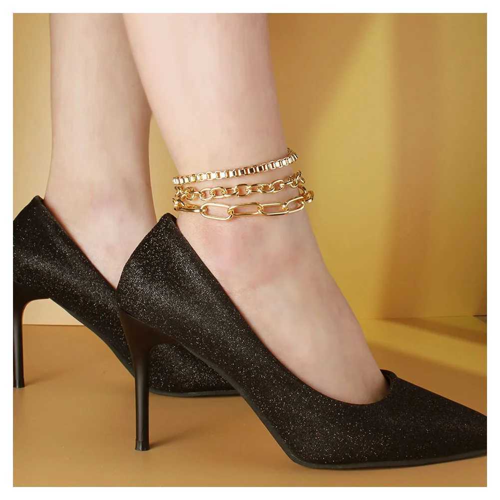 Multilayer Cuban Chains Anklet Fashion Hip Hop Gothic Gold Color Exaggerated Barefoot Ankle Bracelet for Wome 230719