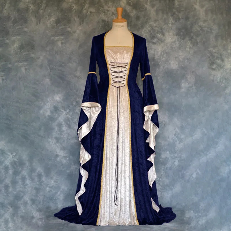 Cross border Halloween COS Europe and the United States Gold Velvet Belted Bell Sleeves Retro Mid length Dress 240823