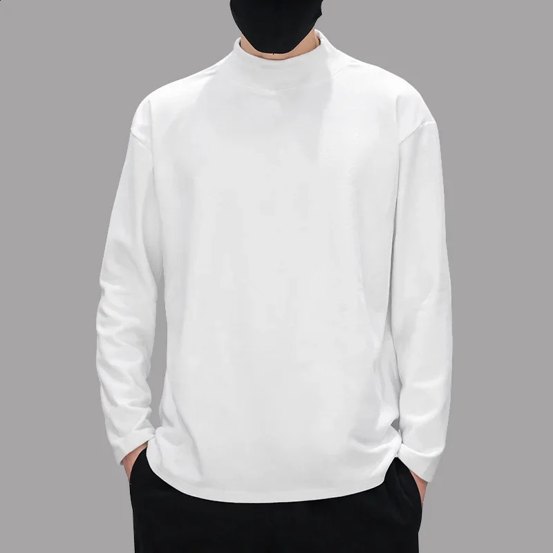 Double sided wool half poloturtle neck bottom Tshirt mens thick top solid color long sleeved interior warm 240823