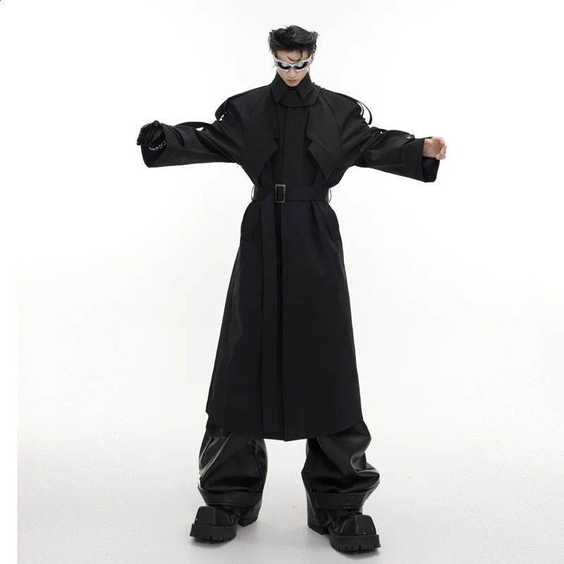 FEWQ Mens Long Overcoat Shoulder Pad Windbreaker Streetwear Safari Style Knee Length Coat Fashion Male Clothing 9C1708 240822