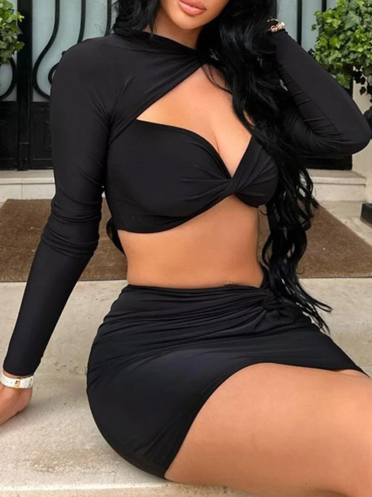 Sexy Wrap Chest Front Hollow Out Slim Bodycon Dress Women Long Sleeved Solid Color Skinny Dress Elegant Club Party Vestidos 240823