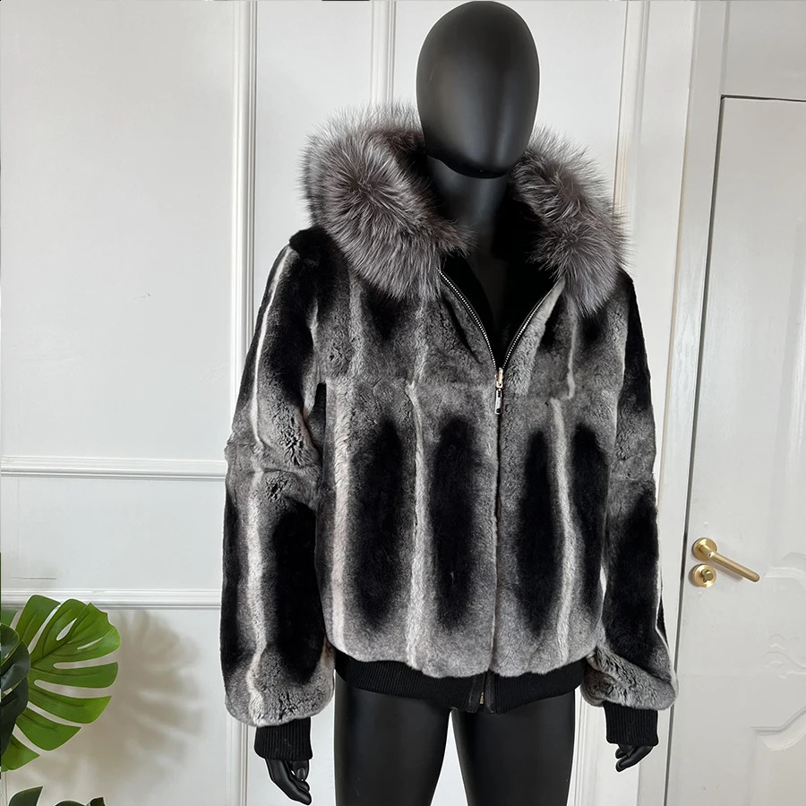 Chinchilla Fur Coats Real Rex Rabbit Fur Hooded Jacket With Natural Fox Fur Collar Real Fur Jackets 240823