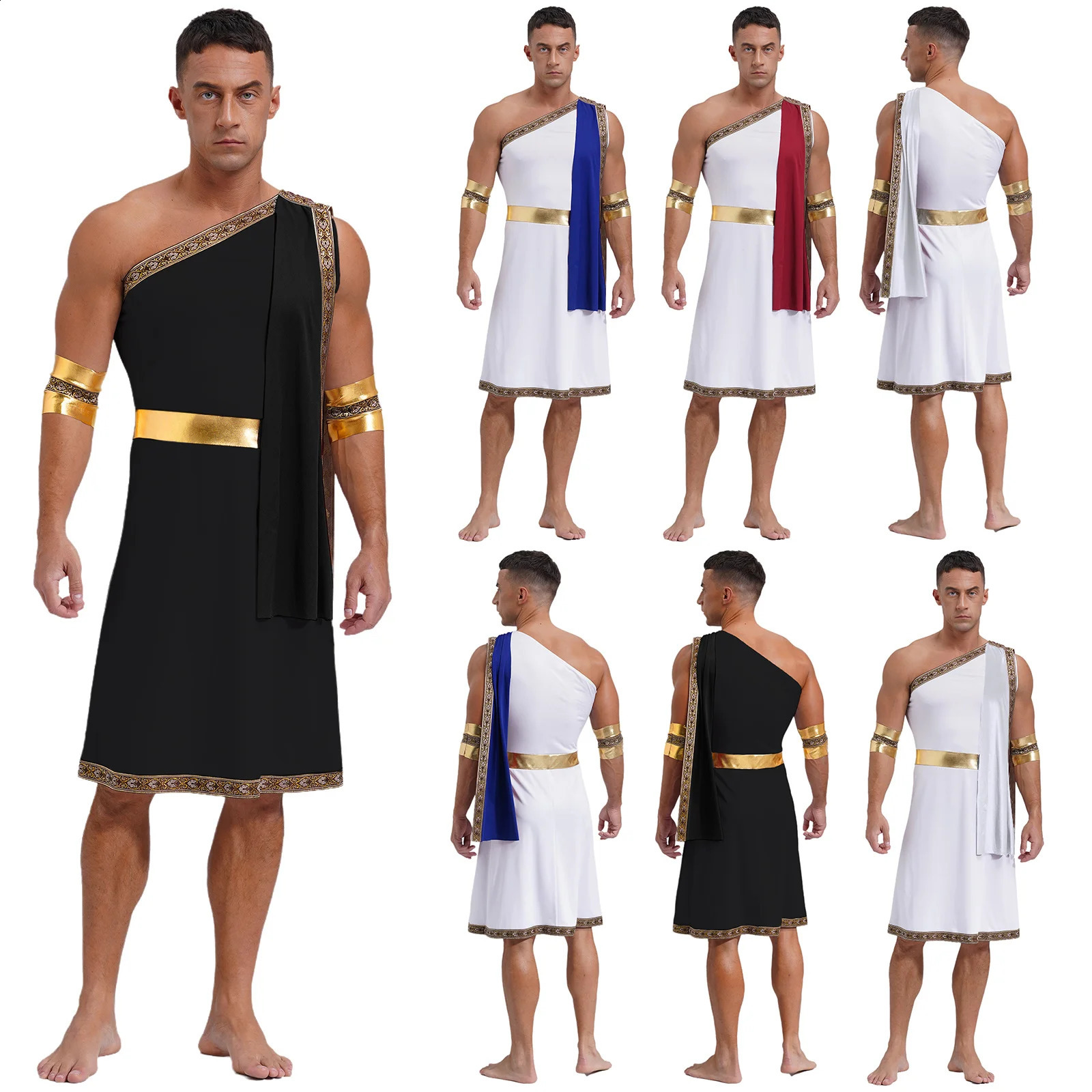 Mens Ancient Greek Toga Costume Gladiator Robe Cosplay One Shoulder Roman Retro Halloween Party Fancy Dress 240823