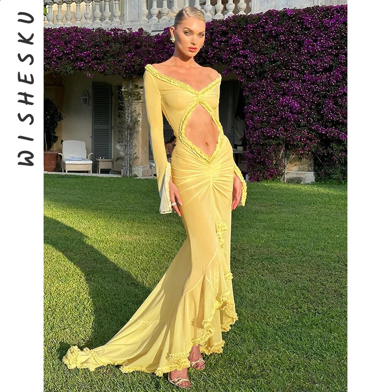 Womens doll Lingerie Mesh Sheer Long Dress Sexy See-Through Long Sleeve Frill Trim V Neck Cutout Long Gown Beach Vestido 240823