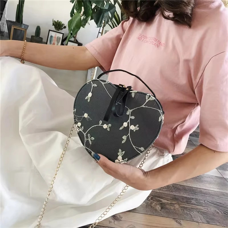 Female Sweet Lace Heart Round Handbags High Quality PU Leather Cross Body for Women Small Fresh wer Chain Shoulder Bags 240823 8079