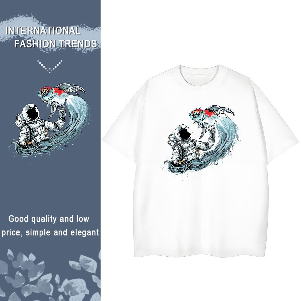 Free Shipping Couples T Shirts 230g Pure Cotton spaceman Casual Sport Womens T Shirts O Neck Short Sleeves Floral Print Tees